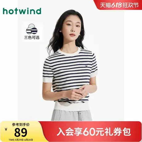 热风针织衫短袖上衣2025年新款女士圆领针织衫韩系条纹短袖上衣商品大图