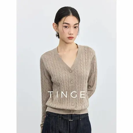 TINGE贴己绞花V领纯色含羊毛针织衫女25年春节新款简约开衫上衣商品大图