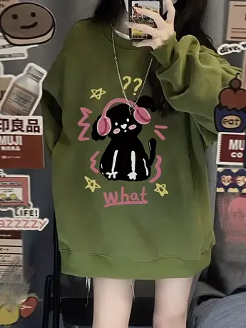 无帽卫衣女秋冬加绒加厚oversize宽松潮牌美式复古圆领长袖上衣服商品大图