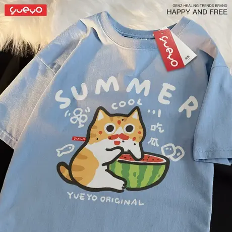 悦游 吃瓜橘猫 搞笑猫咪群众吃惊短袖T恤男夏季休闲纯棉宽松图片