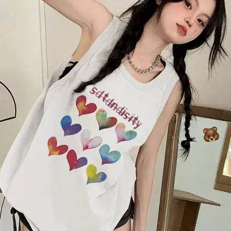纯棉港风吊带运动坎肩背心无袖t恤女夏外穿高级感宽松篮球服上衣图片