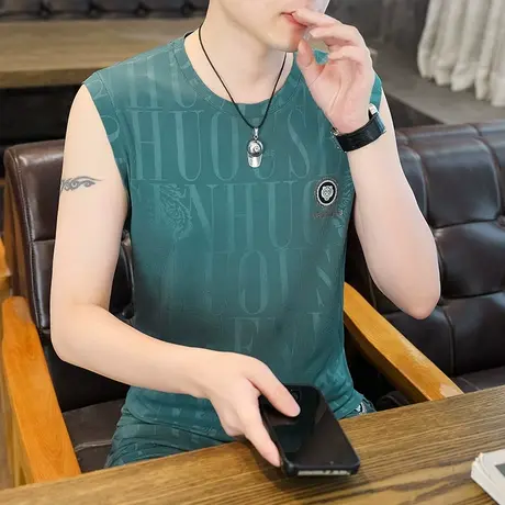冰丝背心男2025夏季新款无袖圆领T恤加肥加大套装潮牌男装家居服图片
