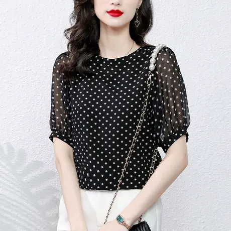 2023夏款漂亮女上衣时尚百搭五分袖衬衫减龄波点宽松圆领雪纺衫女图片