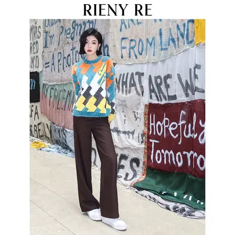RIENYRE针织衫女春秋季高级感慵懒宽松百搭格纹长袖毛衣针织衫女图片