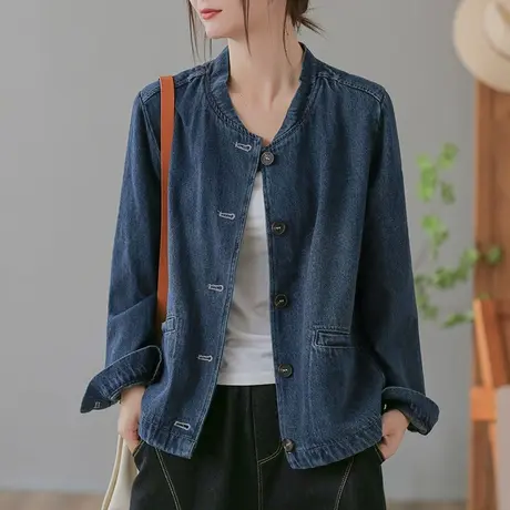 dza 复古短款中式牛仔外套女春秋新款宽松立领棒球服休闲纽扣上衣图片