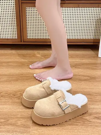 加绒勃肯拖鞋女外穿2023秋冬新款一脚蹬毛毛鞋厚底百搭包头棉拖鞋商品大图