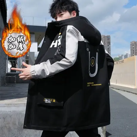 男士外套冬季加绒加厚2023新款休闲夹克春秋季男装保暖中长款风衣商品大图