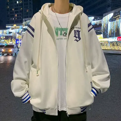 夹克男春秋款美式重磅潮牌印花上衣服青少年宽松开衫连帽卫衣外套商品大图