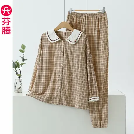 芬腾娃娃领睡衣女士秋季棉绸长袖可外穿家居服春秋款格子休闲套装商品大图