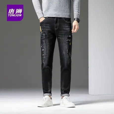 唐狮秋季薄款男士美式街头做旧破洞贴布弹力牛仔裤子潮休闲长裤AP商品大图