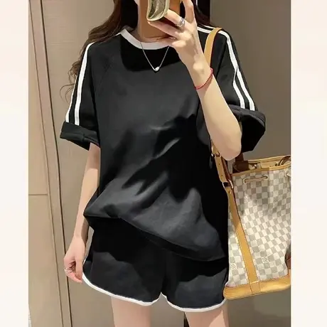 休闲运动套装女夏季薄款2023新款宽松大码撞色短袖短裤两件套衣服图片