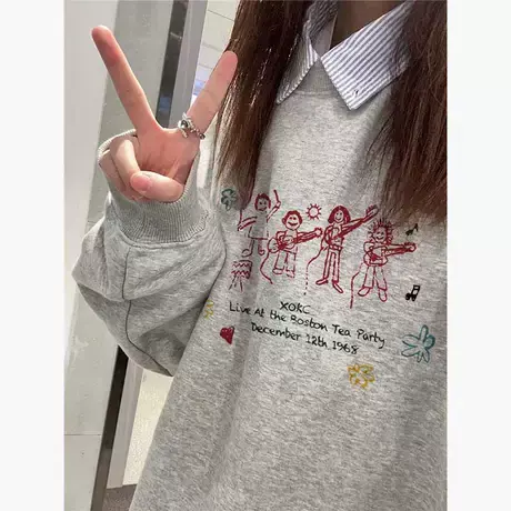 美式复古chic大码圆领卫衣女秋冬加绒加厚小个子正肩学院风上衣潮图片