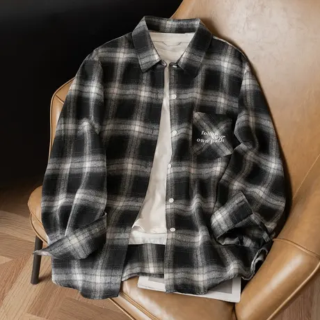 唐狮春秋新款春秋男士长袖衬衫黑色时尚百搭格子衬衫通勤休闲TMTA图片