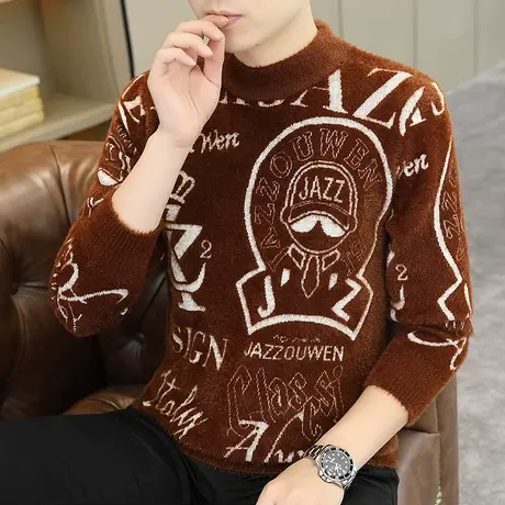 2023秋冬季新款提花毛衣男士加厚水貂绒半高领打底针织衫保暖毛线商品大图