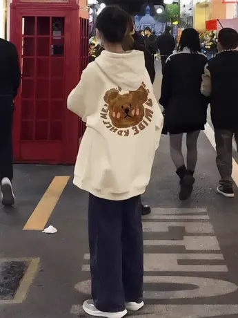 美式复古杏色连帽卫衣女秋冬加绒小个子宽松慵懒风外套oversize潮商品大图