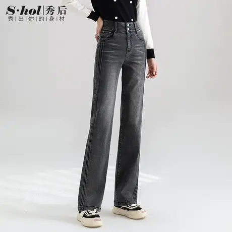 烟灰色窄版直筒牛仔裤女加长2023秋季新款高腰宽松显瘦阔腿拖地裤商品大图