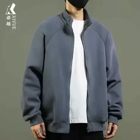 美式高街风加厚男士卫衣宽松大码灰色翻领夹克外套2023秋冬新款潮商品大图
