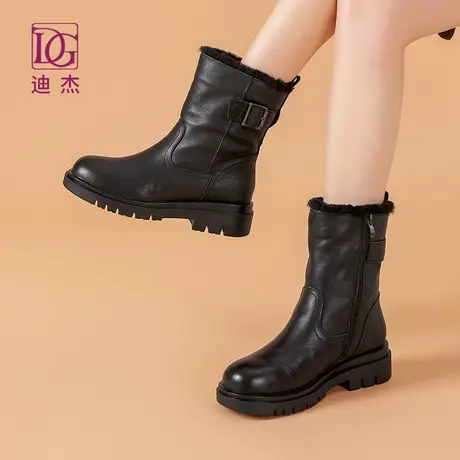 DG黑色加绒加厚雪地靴女真皮厚底粗跟棉鞋冬中筒棉靴商品大图