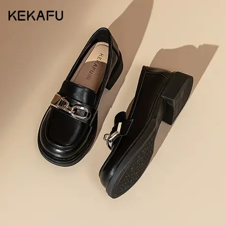 珂卡芙法式粗跟单鞋女秋季2023年新款厚底乐福鞋女一脚蹬黑色女鞋商品大图