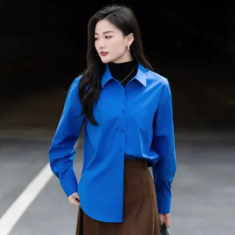 女士衬衫长袖上衣女2023新款秋冬克莱因蓝色衬衣今年流行小衫外套图片