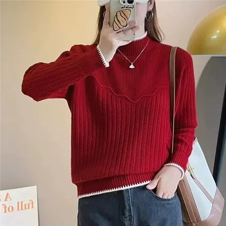 半高领女毛衣秋冬加厚打底衫2023年新款纯色宽松洋气女上衣秋冬装商品大图