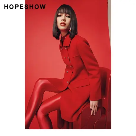 红袖outlets新年红双排扣大衣hopeshow2023冬款宽松减龄中长外套商品大图