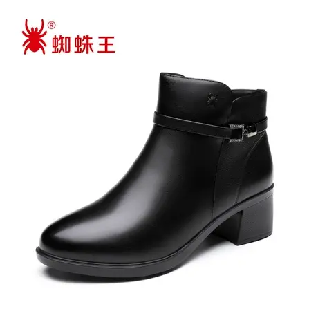 蜘蛛王清仓短靴女百搭春季真皮粗跟侧拉链加绒圆头英伦女靴潮商品大图
