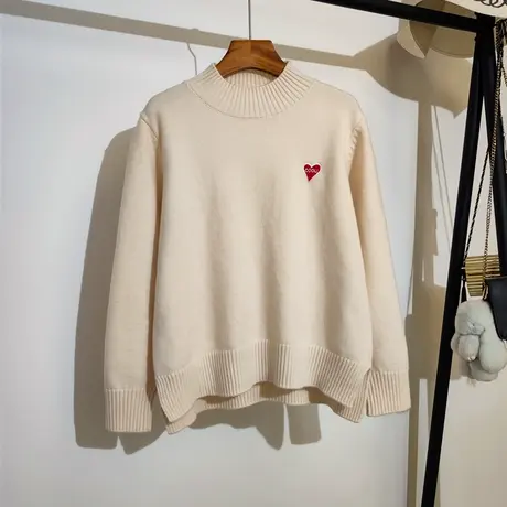 半高领针织打底衫女外穿秋冬2023新款宽松套头爱心刺绣毛衣学院风商品大图