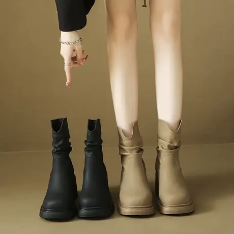 短靴女秋冬2023年新款高跟靴子法式粗跟马丁靴直筒通勤洋气堆堆靴商品大图