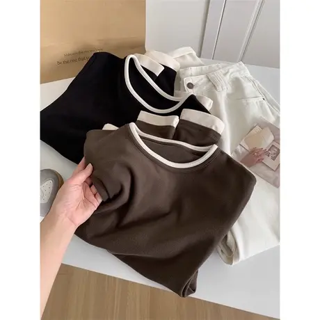 假两件拼接长袖T恤女秋冬设计感小众磨毛德绒打底衫修身显瘦上衣商品大图