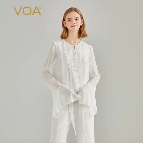 VOA100%纯真丝编织印花拼接乔其丝绸喇叭长袖圆领直筒休闲T恤衫图片