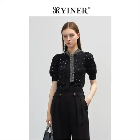 YINER音儿女装春季时尚波点印花钉钻羊毛针织衫图片