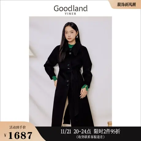 【100绵羊毛】Goodland美地女装冬季双面毛呢大衣单排扣外套商品大图