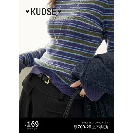 阔色蓝色半高领条纹针织衫女2023新款秋冬季修身内搭打底衫毛衣商品大图