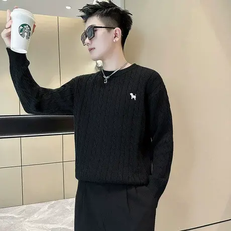 潮牌毛衣男秋冬季简约刺绣提花设计感内搭线衣青年潮流纯色针织衫商品大图