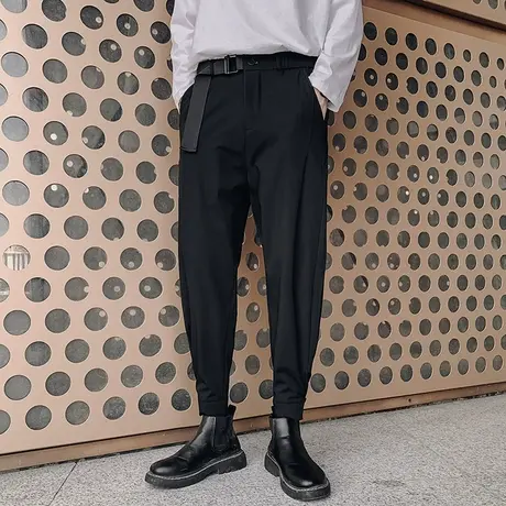 2022秋季纯色西裤微跨休闲网红潮牌发型师网红束腿裤腰带ins垂感图片