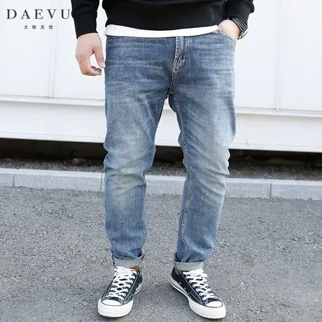 DAEVU春新款怀旧蓝大号潮胖子弹修力身小脚加肥加大码男士牛仔裤商品大图