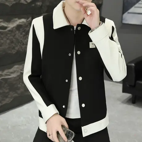 外套男士春秋季翻领夹克高级感潮牌休闲拼接撞色上衣潮流时尚褂子图片