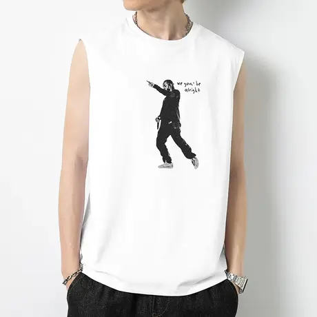 重磅纯棉运动背心男士夏季美式白色无袖t恤篮球跨栏健身坎肩汗衫商品大图