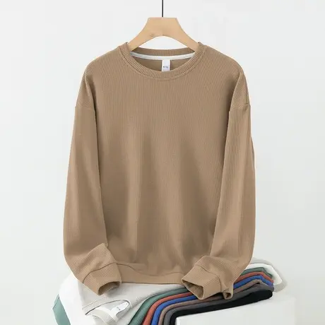 2024秋季新品华夫格卫衣男生加绒加厚圆领纯色无帽上衣服长袖t恤图片