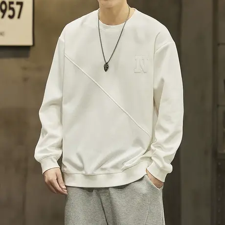 拼接卫衣男圆领春秋季潮牌高级感长袖t恤男宽松休闲青少年打底衫T商品大图