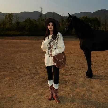 YEP美式复古卫衣女春秋oversize设计感慵懒风长袖无帽圆领上衣ins图片