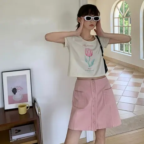 omont蛋挞家 短袖T恤女2022夏新款大U领原创印花设计感短款小上衣商品大图