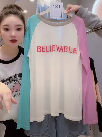 薄款小众设计感T恤女韩版宽松洋气学生字母拼色空调衫百搭上衣女商品大图