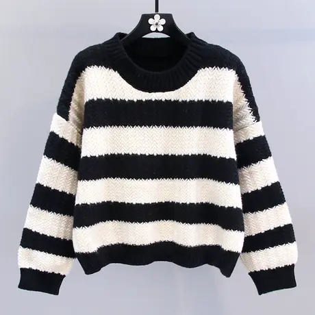 慵懒风撞色条纹毛衣女秋冬2023新款宽松设计感小众长袖圆领针织衫图片