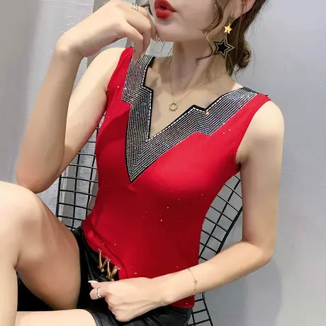 2024新款气质女装重工烫钻无袖T恤女夏性感露背上衣洋气打底背心商品大图