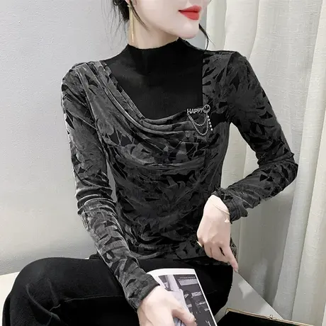 不规则褶皱T恤女长袖网纱拼接扎染上衣时尚洋气修身打底衫秋冬ins商品大图