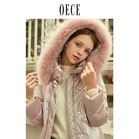 oece冬装新款 貉子大毛领羽绒服女中长款连帽加厚亮面冬商品大图