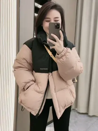 2022冬季新款加厚宽松拼色短款羽绒棉服女高级感拼色立领棉衣外套图片