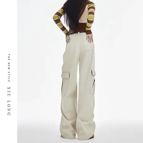 米白美式高街工装牛仔裤女春秋季小个子显瘦直筒宽松拖地阔腿长裤商品大图